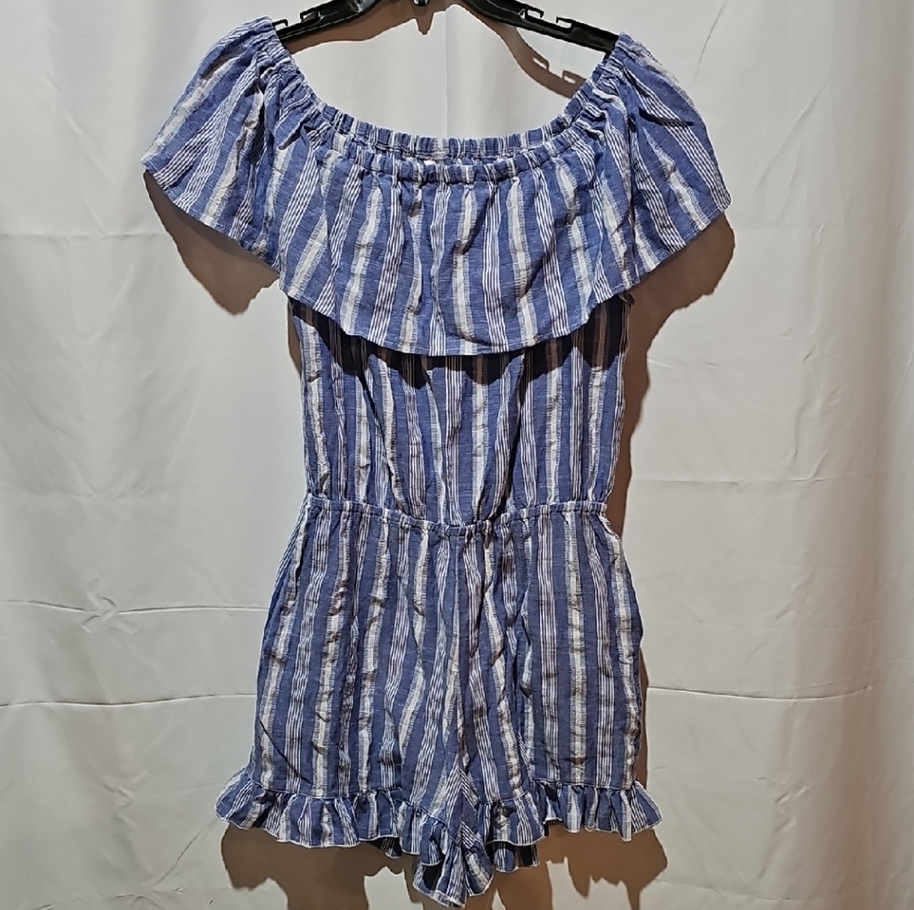Mittoshop Blue and White Striped Off-Shoulder Romper